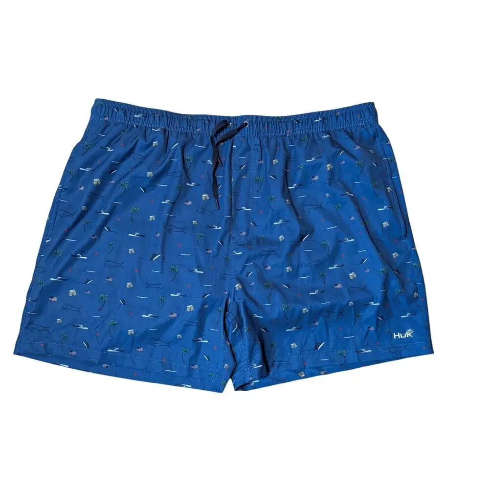 HUK Mens Charter Volley swim trunks/shorts, XXL; boat; Palm tree & Fish Pattern